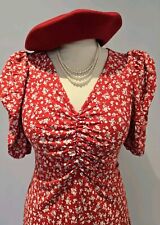 Vintage 1940s Style Stretchy Red White Ditsy Floral Dress Size UK 16 EU 44