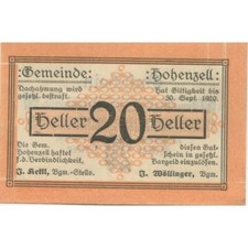 [#284357] Geldschein, Österreich, Hohenzell, 20 Heller, Texte, 1920, UNZ- Mehl:F