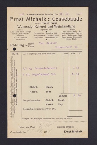Cossebaude rechnung 1937 - cossebaude,,