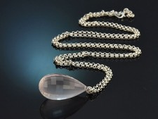 GROSSER ROSENQUARZ TROPFEN ANHÄNGER MIT LANGER KETTE AUS SILBER 925