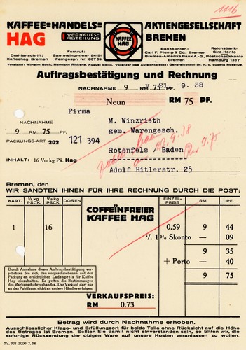 Rechnung hag bremen kaffee - bremen,