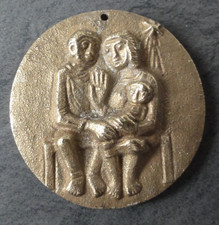 Bronze Plakette Anhänger Hl. Familie Religion Rückseite  mit Text, Weihnachten
