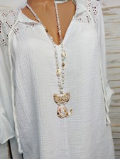 Lange Kette Amulett Anhänger Katze Kristallperle creme gold NEU