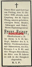 Sterbebild WWI Oberleutnant WKI-Pilot EK I&II Flieger-Abzeichen Gestorben 1930