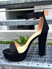 Sexy Schwarze Blockabsatz Glitzer High Heels Plateau Riemchen Party Schuhe 38/39