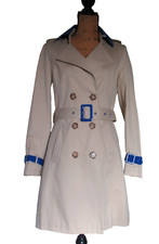 Designer Trenchcoat knielang in taupe + blaue Lackdetails Gr.36/FR38 neuwertig
