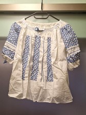 Gr. S Folklore Bluse Handarbeit Kreuzstich kurzarm weiß blau bestickt