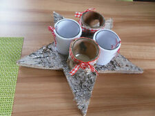 Adventsgesteck Tischdeko rot-weiß rustikal Baumscheibe als Stern Teelichthalter 