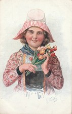 AK   Frau mit Haube und Tulpen