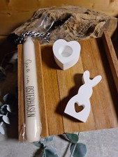 4 Teile Hase Geschenk Deko Oster Hasen Set Kerze Halter Echt Holz Brett Ostern💗