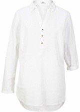 Tunika mit Leinen-Anteil lang Gr. 50 Weiß Damen Longbluse Langarm Hemd Neu