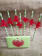 7 Papier Strohhalme Amor  + 7 Servietten Herz grün weiß rot