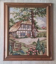 Stickbild Gobelin-Stickerei Junghans-Wolle Holz-Rahmen ca. 60 x 50 cm Bauernhaus