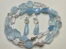 Set Kette Ohrringe Aquamarin Rohstein Bergkristall Barockperle Silber