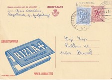 BELGIEN RIZLA ZIGARETTEN-PAPIER 2 Fr Pra.-Reklame-GA mit 50 C Zusatzfrankatur,