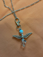 Halskette 80 cm, Engel Bergkristall, 8 cm mit großem Karabiner, Handarbeit,