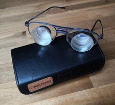 Ältere Lupenbrille, Schweizer 93571,  50/18, Bügel 145, Multilens, Titan, blau