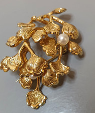Henkel & Grossè Vintage goldene /vergoldete Ginkoblatt Brosche mit Perlen