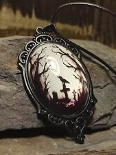 Halskette schwarz Amulett am Band Groß glasiert Böhmisch Gotisch Tod Rabe Gothic