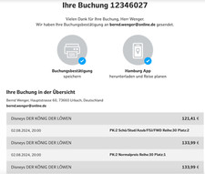 Verkaufe 3 Musical Tickets König der Löwen Hamburg Hafen