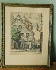 alt Zeichnung Alt Berlin Wirtshaus Nussbaum im Messing Bilderrahmen