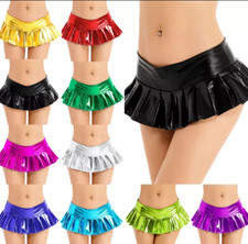 Damen Wetlook Rock Sexy Minirock Kurz Ausgestellter Rock Lackleder Plisseerock
