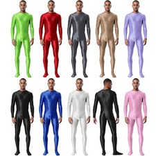 DE Herren Glossy Bodysuit Langarm Stretch Overall Einfarbig Glänzende Jumpsuit