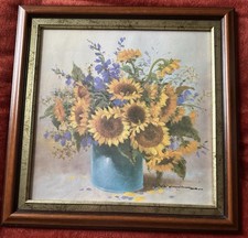 Bild mit Sonnenblumen In Blauer Vase Holzrahmen 37x37 Cm Landhaus Stil Deko