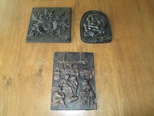 Garten Deko 3 x alte Gusseisen Ofenplatten schwarz bronze mit Motiven