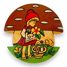 1970er Drei Tannen G: Fliegenpilz-Haus mit Rotkäppchen 20cm Märchen-Holzbild DDR