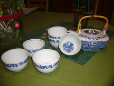 asiatisches Teeservice Porzellan weiß blau Kanne und 6 Schalen 80er Jahre