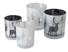 4er Set Windlichter Hirsche Weihnachten Kerzenhalter b653 Glas Weiss schwarz