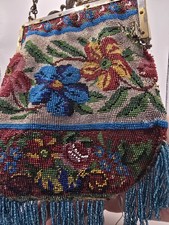 alte Glasperlen tasche Mit Blumenmotive Bügeltasche ca. 1900 Metall bügel