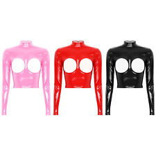 DE Damen Tank Wetlook Weste Langarm Crop Top Sexy Pullover Glänzend Clubwear Eng