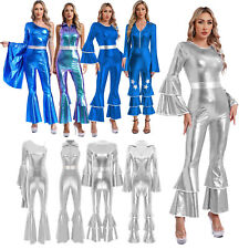 DE Damen Shiny 70er & 80er Jahre Kostüm Eine Schulter Bodysuit Glitzer Overall