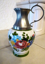 Keramik Zinn Vase mit Zinnhenkel Blumenmotiv handgemalt 18 cm hoch NEU