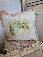 Dekokissen, Erdbeeren, Handgenäht, Bestickt,Baumwolle, Baumwollspitze