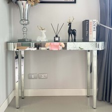 Konsolentisch Glas Silber verspiegelte Kommode Flurmöbel Glaskonsole Oval modern