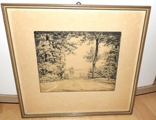 Otto Quante Original Radierung Zeichnung s/w Reiter Pferd Waldweg 21x18cm 20424