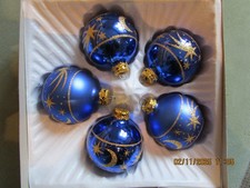 5 gleiche Christbaumkugeln  Ø 6cm GOLD mit Gold-Dekor Mundgeblasen, mit Hacken