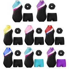 DE Mädchen Turnanzug Glitzer Gymnastikanzug mit kurzer Hose Haarband Set