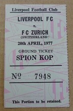 1976/77 Europapokal Halbfinale Rückspiel Liverpool gegen FC Zürich Ticket Stub