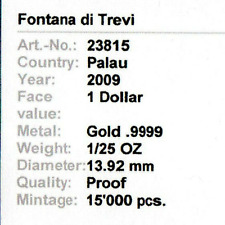 Fontana di Trevi 1 Dollar 2009 1/20 oz. 999 Gold Palau