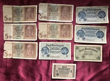 ⭐Banknoten, 10 alte Geldscheine: 5x5 RM 1942;3x5, 2, 1 RM Reichskreditkasse 1939