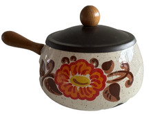 Vintage Fonduetopf Emaille 70er Schokofondue ø ca 17 cm Holzgriff Retro Küche