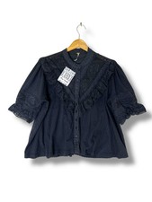 Free People Bluse schwarz Spitze & Rüschen Gr. XS Boho viktorianischer Stil Muster