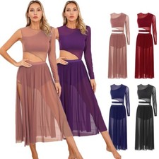 Damen Ballett Tanzkleid Ausschnitt Patchwork Seite Split Sheer Mesh Tanzkleidung