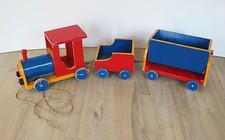 Alte XL Holz-Eisenbahn 70cm Lokomotive+2 Kohlen-Anhänger/Lore 50/60er Vintage