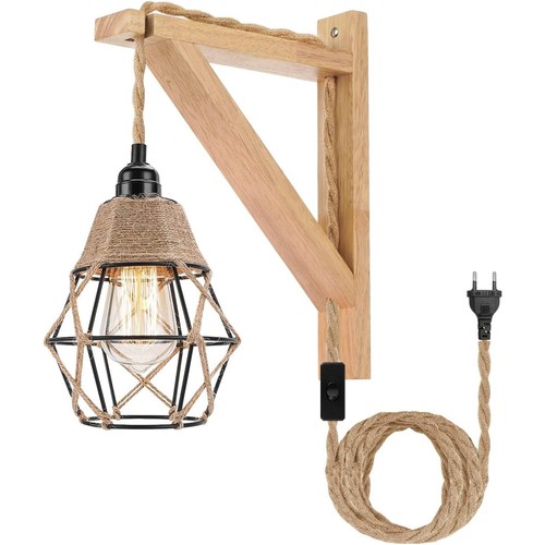 Retro wandlampe holz - wandlampe, hanfseil