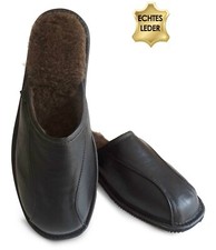 Herren KALBSLEDER Hausschuhe Pantoffeln Schlappen m. Lammwolle Schwarz Gr. 41-46